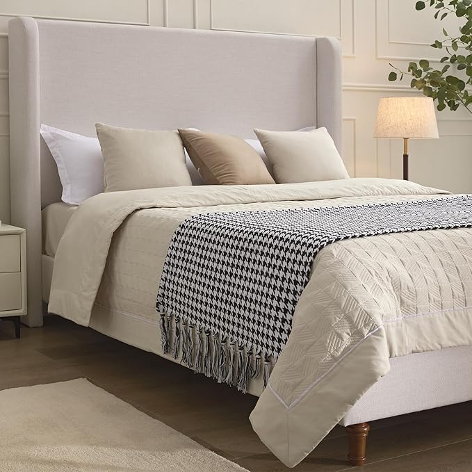 54" Tall Headboard Bed Frame with Chenille Upholstery, High Wingback Platform Bed, Sturdy Metal Foundation and Solid Wood Feet (Textured Ivory, Queen (U.S. Standard))