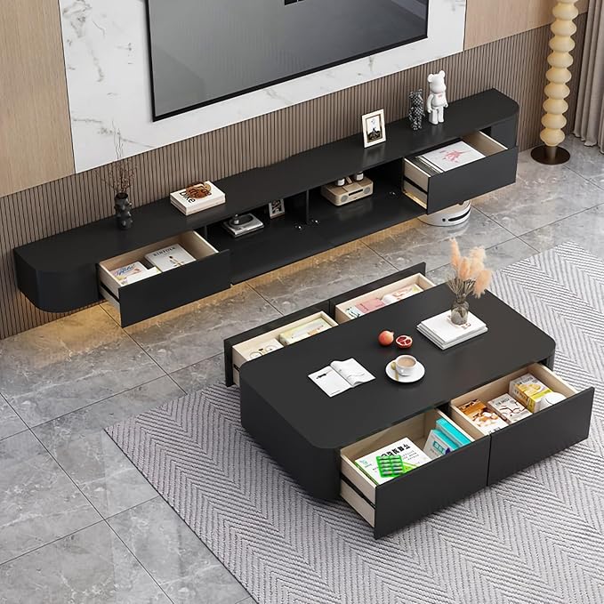 Floating TV Stand,47-118 Inch Wall Mounted TV Shelf,Modern Entertainment Center Media Console with Storage for Bedroom,Living Room (Black with Light, 86.6")