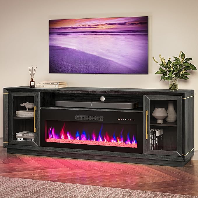 BELLEZE 74" Extra Large TV Stand for TVs Up to 85", Media Console Table with 42" Electric Fireplace Heater, Entertainment Center with Storage Cabinets for Living Room, Bedroom - Sienna (Black Ebony)