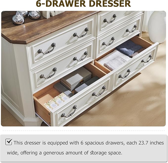 T4TREAM Farmhouse 6 Drawers Dresser for Bedroom, 54" Wide Wood Rustic Chest of Drawers with Natural Texture, Vintage Design, Storage Dressers Organizer for Bedroom, Living Room, Antique White