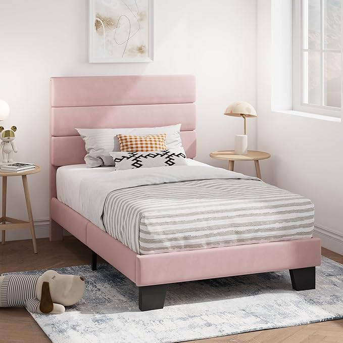SHA CERLIN Twin Platform Bed Frame with Velvet Upholstered Headboard, Mattress Foundation with Strong Wooden Slats Support, No Box Spring Needed, Pink