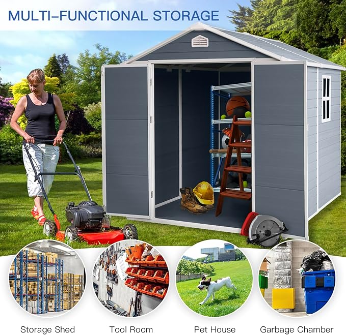 6' x 8' Resin Storage Shed Outdoor, PP Material & Strong Structure for All Weather, Plastic Garden Shed w/Window for Garden, Backyard, Poolside and Lawn, 15mm Thick PP Board - Light Grey