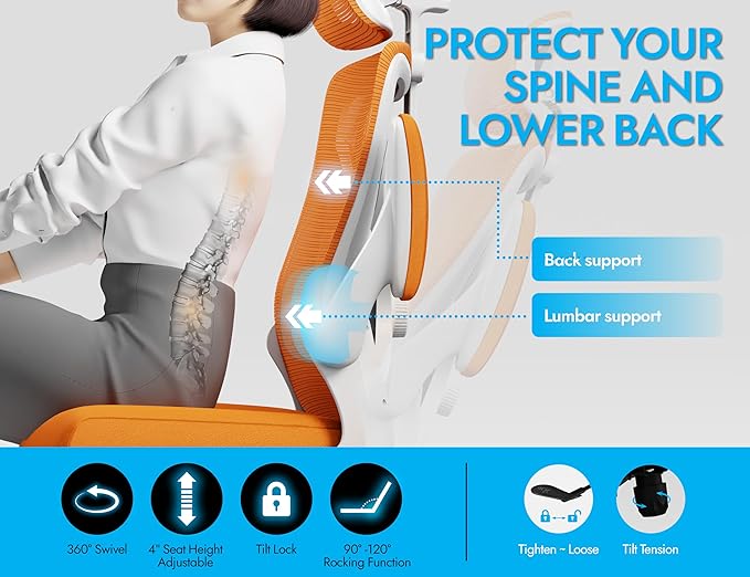 Ergonomic Office Chair - X-Shaped Computer Desk Chair Comfy, Gaming Chair, Office Chair with Lumbar Support, Mesh Office Chairs with Headrests, Desk Chair for Long Hours(White-Orange)