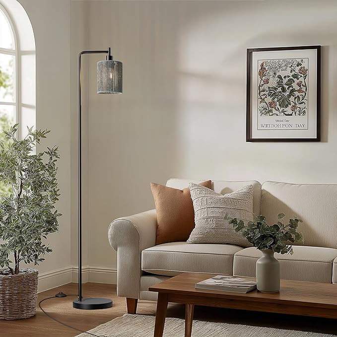 Oneach 66" Black Floor Lamp for Living Room, Boho Floor Lamp with LED Bulb, Foot Switch, Gray Rattan Shade, Industrial Tall Farmhouse Standing Lamp for Bedroom, Dining Room, Study Room, Office