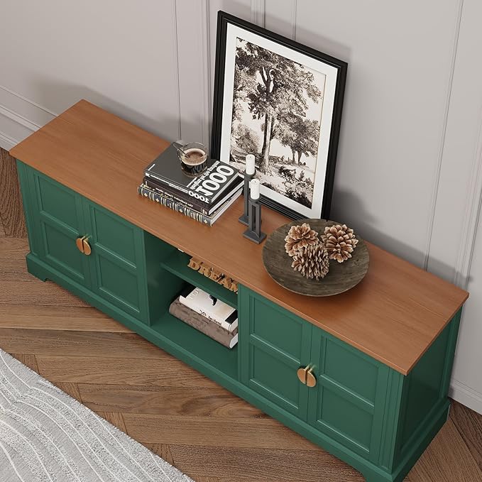 HLR 67” Modern TV Stand for TVs up to 75+ inch, Shaker Style Television Console Table, Entertainment Center with Storage Cabinets, Wood Media Furniture for Living Room,Bedroom, Green