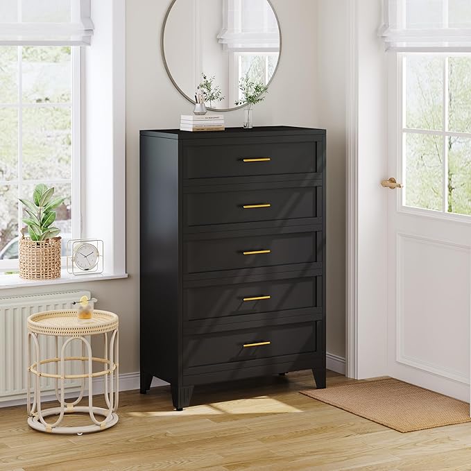 Metal Dresser Tall Black Dresser for Bedroom Chest,53.54" H Drawer Chest, Closet Dressers & Chests of Drawers for Living Room, Hallway (5 Drawers)