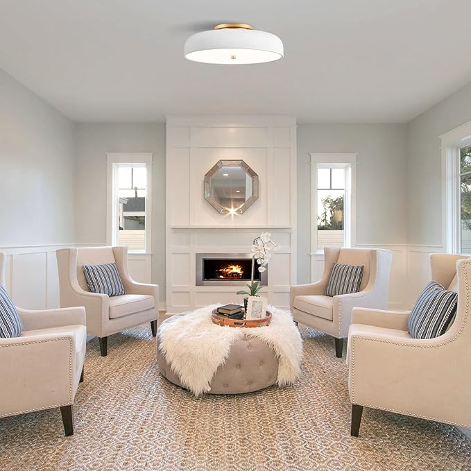 Dimmable LED Ceiling Light Fixture, 2700K-6000K 5CCT Modern Mid-Century Semi Flush Mount Ceiling Light, White Close to Ceiling Lamp for Bedroom, Living Room, Kitchen, Laundry Room, 15.7in