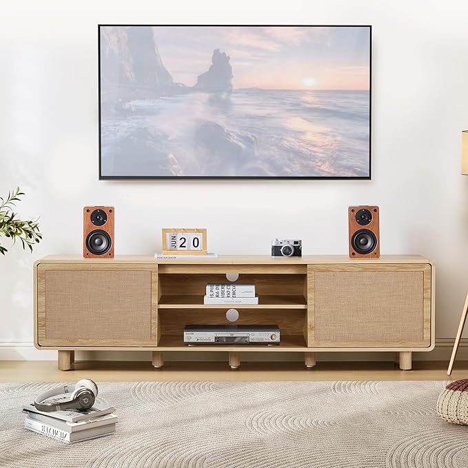 AVZEAR 70'' Large Modern TV Stand for TVs up to 80 Inch, Boho Entertainment Center with Storage & Nature Linen Door, Curved Wooden Media Console TV Consoles for Living Room Bedroom(Natural)