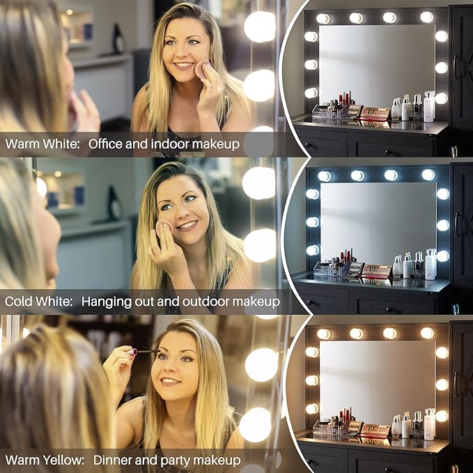 JXQTLINGMU Farmhouse Vanity Makeup Desk with Charging Station, 43" W Vanity Desk with Lights Mirror and Drawers for Makeup, Big Modern Makeup Table Set with Stool for Bedroom, Black