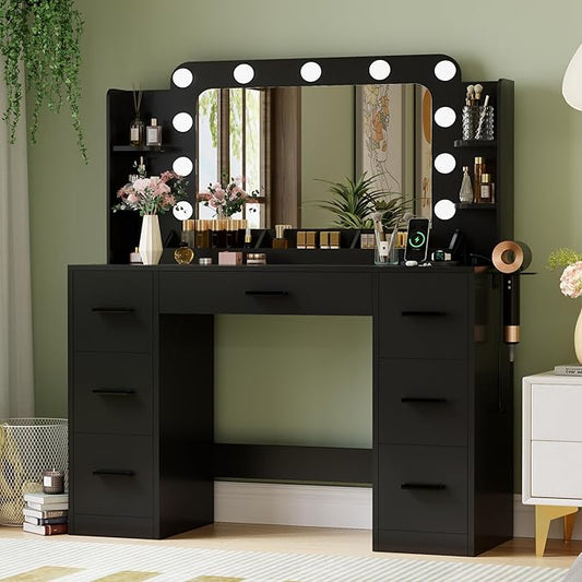 JUMMICO Makeup Vanity Desk with Large Mirror and Lights, Vanity with Power Strip and Hairdryer Holder, 6 Open Shelves and 7 Drawers Modern Dressing Table, for Bedroom (Black)