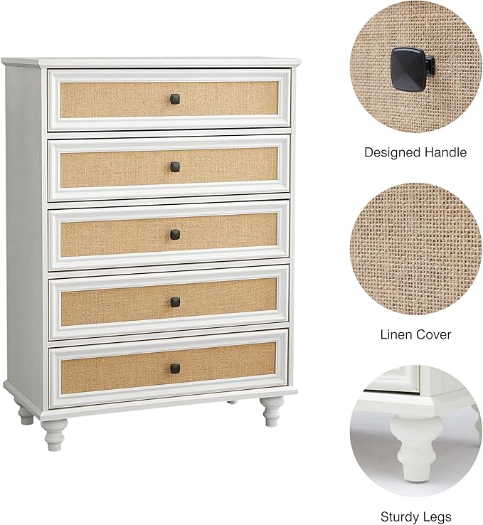 5 Drawer Dresser for Bedroom, Mid Century Modern Wide Wood Rustic Chest of Drawers Wooden Storage Organizer Dressers with Burlap Rattan Drawers for Living Room, Hallway Closet, Entryway, Beige White