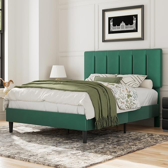 VECELO Queen Bed Frames, Upholstered Platform Bedframe, Adjustable Headboard, Wood Slat Support, No Box Spring Needed, Easy Assembly, Dark Green