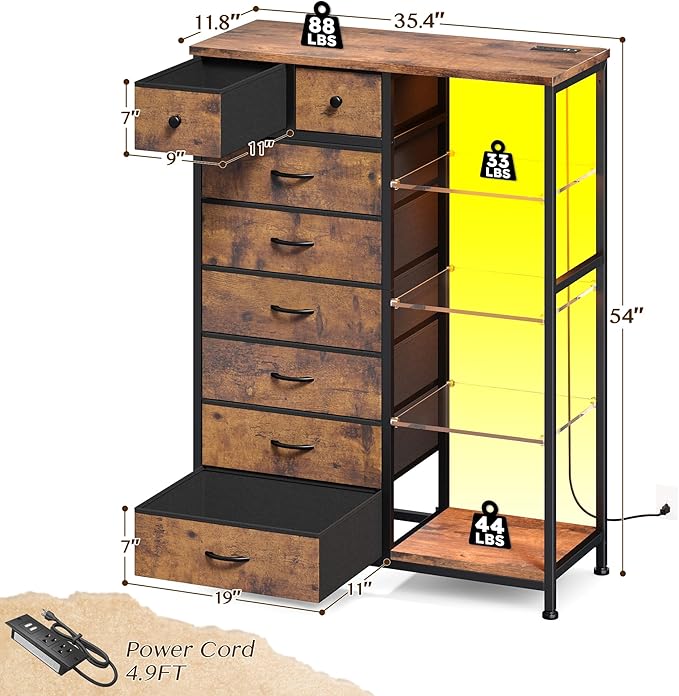 EnHomee Dresser for Bedroom with LED Lights & Power Outlets Tall Dresser with 8 Drawers Fabric Dressers & Chests of Drawers for Bedroom, Closet, Sturdy Metal Frame, Acrylic Plates (Rustic Brown)