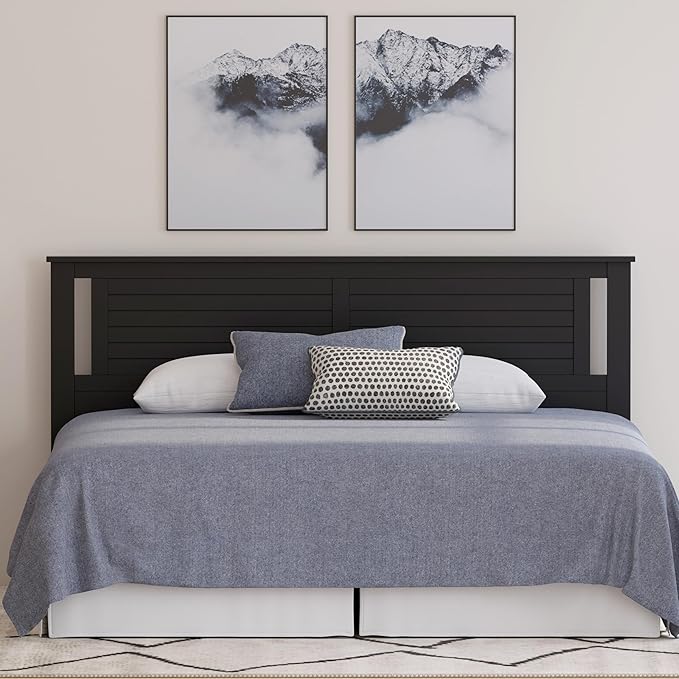 Serene Poplar Wood King Headboard, Modern Farmhouse Panel with Horizontal Scoring, King Size Headboard in Black, Casual Coastal Style, Easy Assembly, Quality Materials