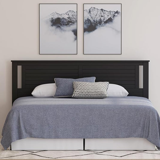 Serene Poplar Wood King Headboard, Modern Farmhouse Panel with Horizontal Scoring, King Size Headboard in Black, Casual Coastal Style, Easy Assembly, Quality Materials
