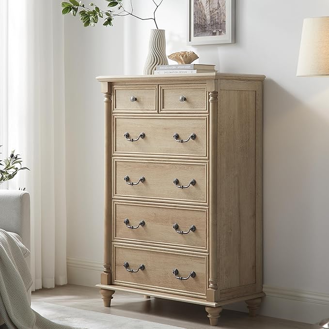 T4TREAM Farmhouse 6 Drawers Dresser Chests for Bedroom w/4 Solid Wood Feet &Column Decor, Tall Wood Rustic Chest of Drawers, Storage Dressers Organizer for Bedroom, Living Room, Nursery, Natural Oak