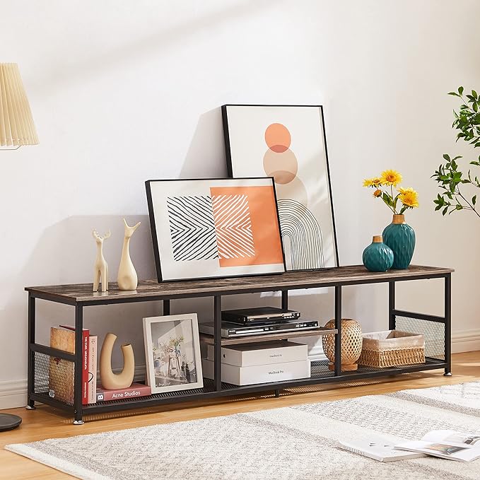 VECELO TV Stand for Televisions up to 80 Inch 70" Entertainment Center with Open Storage Shelves for Living Room/Bedroom, 3 Tiers Media Console Table Frame, 70 Inches, Brown+Metal