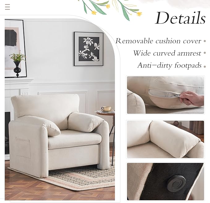 MELLCOM 39" Modern Chenille Oversized Armchair, Wide Accent Chair Set of 2, Mid Century Single Sofa Chairs, Comfy Upholstered Reading Chair for Living Room, Bedroom, and Apartment (Beige)