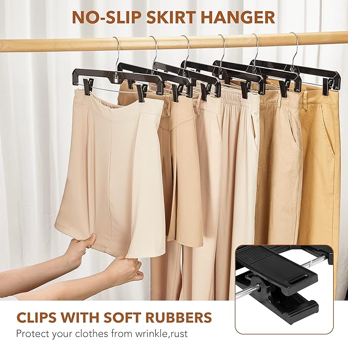 HOUSE DAY Black Pants Hangers with Clips 12 Pack, Plastic Skirt Hangers for Women, 14 Inch Clip Hanger for Pants, Skirts, Jeans, Shorts, Legging, with 360-degree Swivel Hook, 2 Adjustable Clips