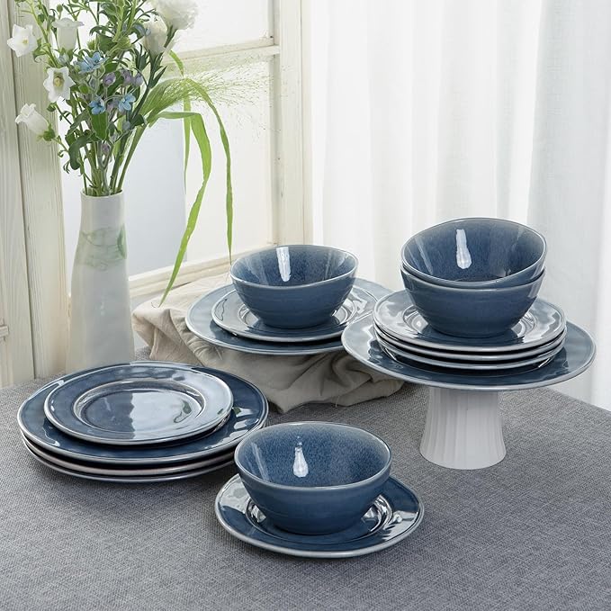 Famiware Plates and Bowls Sets, 12 Piece Dinnerware Sets for 4, Aurora Irregular Handmade Stoneware Dishes Set, Reactive Glaze, Microwave & Dishwasher Safe, Scratch-resistant, Lagoon Blue