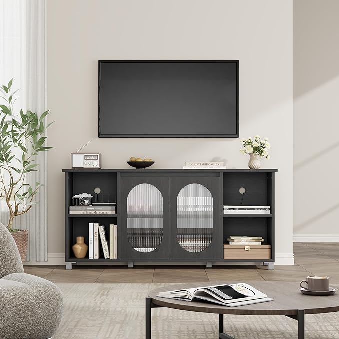 71" Modern Farmhouse TV Stand - Corrugated Glass Door Media Console with 3 Open Shelves, 15" D x 29" H Entertainment Center (Black & Dark Brown)