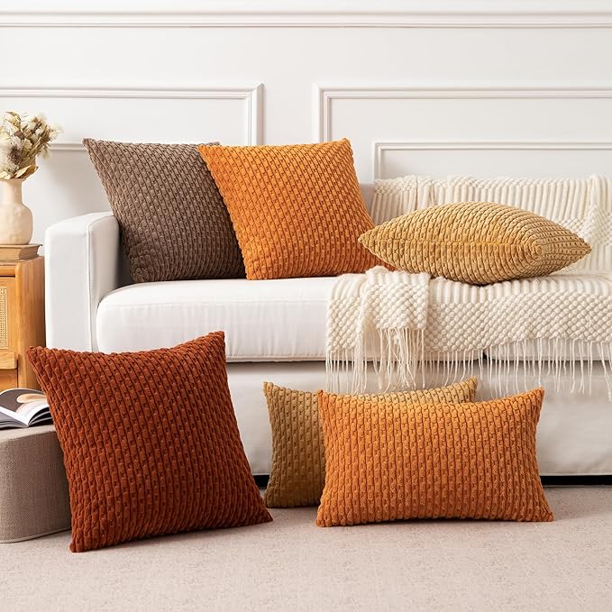 Kevin Textile Fall Throw Pillow Covers Soft Corduroy Decorative Set of 2 Boho Striped Pillow Covers Pillowcases Farmhouse Home Decor for Couch Bed Sofa Living Room 20x20 Inch Orange Yellow