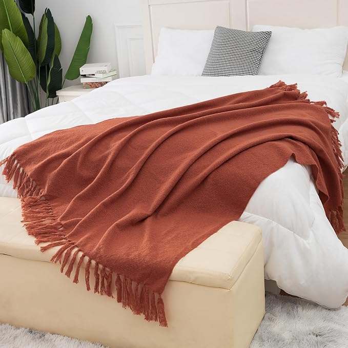 Gealaek Fall Throw Blanket Lightweight Fuzzy Soft Cozy Decorative Blankets for Sofa Bed Farmhouse Throw Blanket Burnt Orange with Fringe 50" x 60"