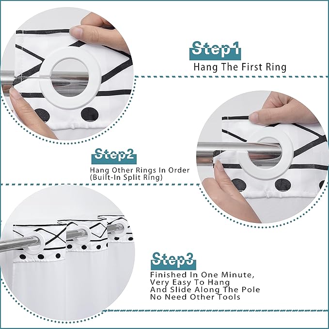 Conbo Mio No Hook Boho Shower Curtain with Snap in Liner Set, Hotel Luxury White Shower Curtains for Bathroom with See Through Top Window, Waterproof, Washable 71W x 74H