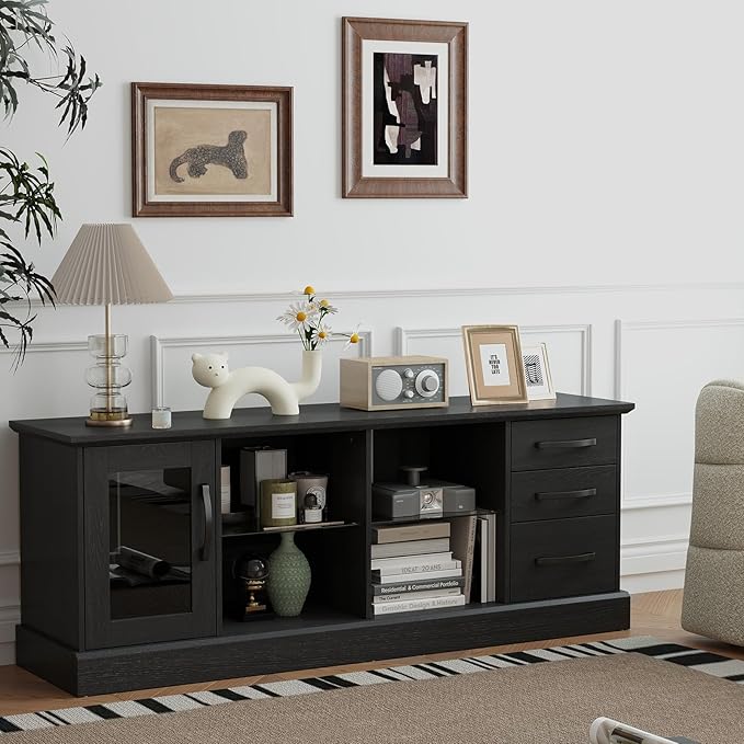 Giantex Farmhouse TV Stand for 73 Inch TV, Wood TV Console Table w/Removable Glass Shelves, Cable Management Holes & Drawers, Rustic Entertainment Center with Storage for Living Room, Bedroom, Black