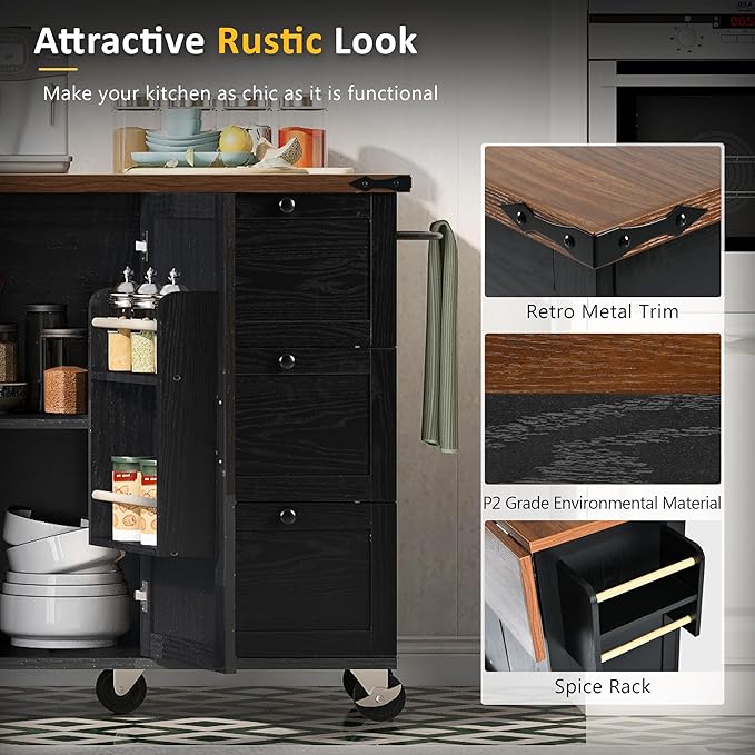 Merax 54.5" Upgraded Kitchen Cart Island on Wheels with Power Outlet,Drop Leaf and 3 Side Drawers,Farmhouse Wood Frame Storage Cabinet