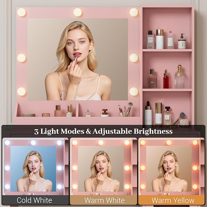 Makeup Vanity with Mirror and Lights, 34'' Wide Dressing Table with Charging Station & RGB Glass Cabinet, Small Vanity Desk with 3 Color Lighting Modes & Adjustable Brightness, Pink