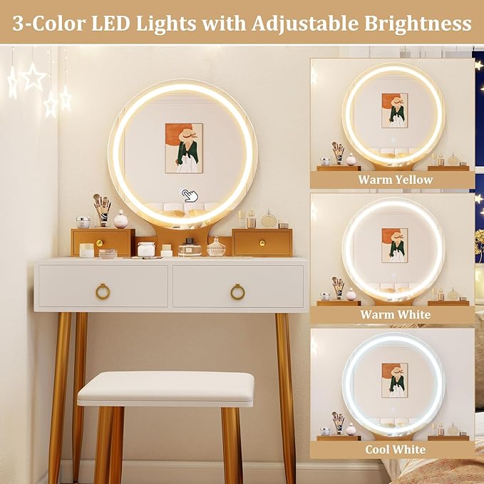CHARMAID Vanity Desk with Mirror and Lights, Makeup Vanity with 4 Storage Drawers, 3 Lighting Modes, Adjustable Brightness, Modern Vanity Dressing Table with Stool for Bedroom, White & Gold