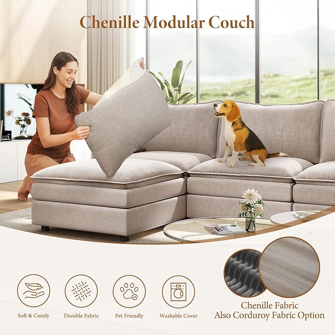 Vesgantti Large Modular Sectional Sofa, Big Comfy Cloud Couch with Ottoman Deep Seat Chenille Cloud Sofa, 8 Seater Large Sectional Couches for Living Room, Bedroom and Apartment, Light Brown