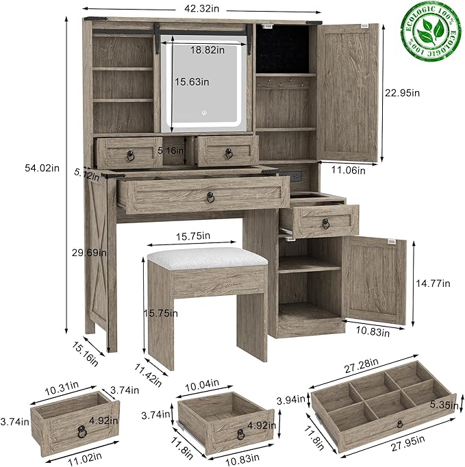 Farmhouse Makeup Vanity Desk with Sliding Mirror and Lights, 42" Glass Top Vanity Table with Charging Station & 4 Drawers & 2 Cabinets, Vintage Vanity Set for Bedroom, Driftwood Gray