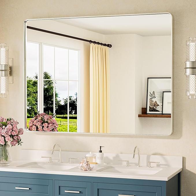 TETOTE 48 x 36 Inch Brushed Nickel Bathroom Mirror Metal Framed Bathroom Mirror, Tempered Glass, Modern Farmhouse Wall Mounted Mirror for Decorative(Horizontal/Vertical)