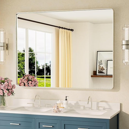 TETOTE 48 x 36 Inch Brushed Nickel Bathroom Mirror Metal Framed Bathroom Mirror, Tempered Glass, Modern Farmhouse Wall Mounted Mirror for Decorative(Horizontal/Vertical)