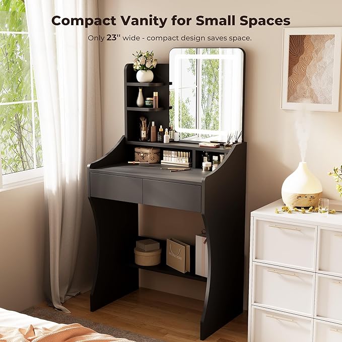 Small Vanity Desk, Makeup Vanity with Mirror and Lights, Vanity Desk with Drawer & 3 Storage Shelves, Black Makeup Vanity Desk with Lights for Bedroom