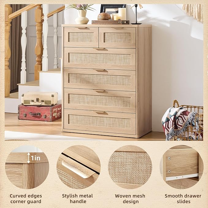 LEYAOYAO Rattan Dresser for Bedroom Set of 2, 41" Tall Chest of Drawers, Modern 6 Drawers Boho Dressers with Storage, Light Oak Dresser Wooden Closet Organizer for Living Room, Hallway, Natural Wood