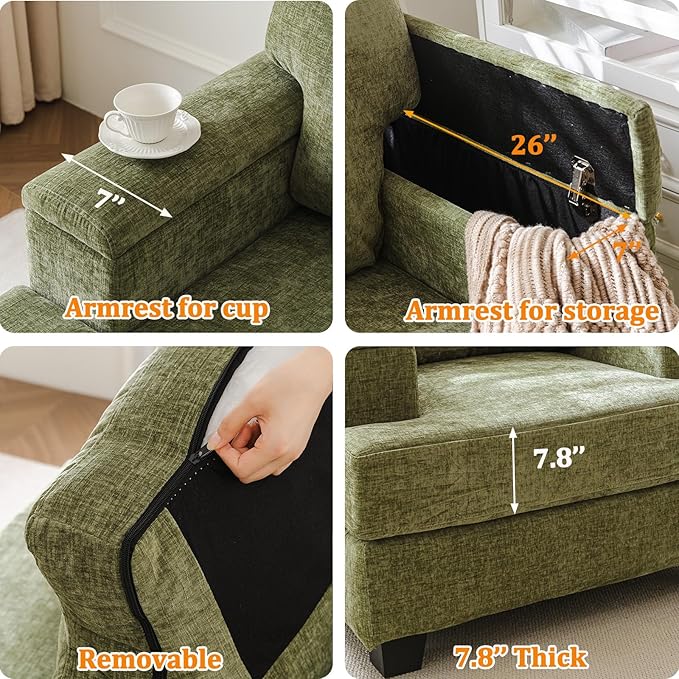 Oversized Accent Chairs Set of 2,Large Armchair with Armrest Organizer,Deep Seat,Big Reading Chair,Comfy Living Room Chairs,Sofa Chair for Bedroom,Chenille,Green