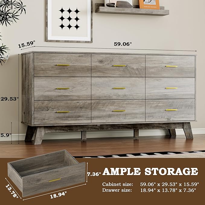 Dresser for Bedroom with 9-Drawer, 59" Wide Modern Chest of Drawers with Metal Handles, X-Shape Base & Adjustable Center Leg, Anti-Tip Closet Organizers and Storage