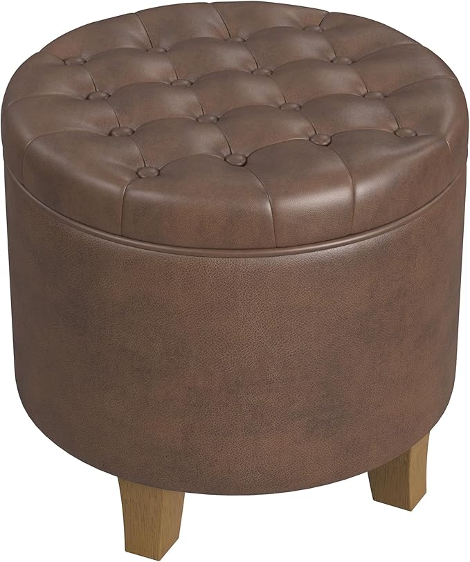 HomePop Home Decor | Upholstered Round Faux Leather Tufted Foot Rest Ottoman | Ottoman with Storage for Living Room & Bedroom | Decorative Home Furniture, Brown Faux Leather