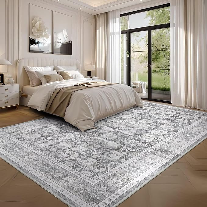 HOMFINE Machine Washable Rug 5'x7' - Vintage Design Area Rugs with Non Slip Rugs for Living Room Bedroom Floral Print Rug Carpet Stain Resistant, Home Decor Office Area Rug, Light Grey