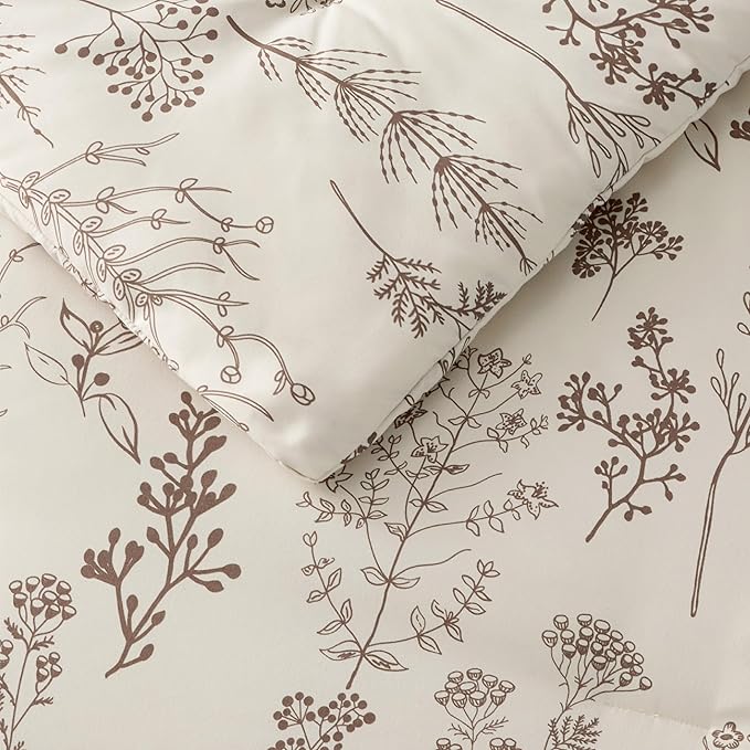 Bedsure Queen Comforter Set - Beige Bed Set, 3 Pieces Cute Floral Bedding, 1 Soft Botanical Flowers Comforter and 2 Pillow Shams