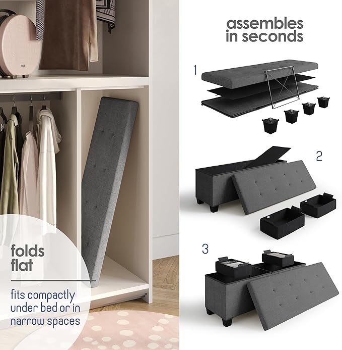 STORAGEBUD Storage Ottoman Bench with Bins, 43-in Storage Bench for Bedroom End of Bed, Folding Foot Rest Ottoman for Living Room Max 660lbs, Fabric Ottomans, Grey