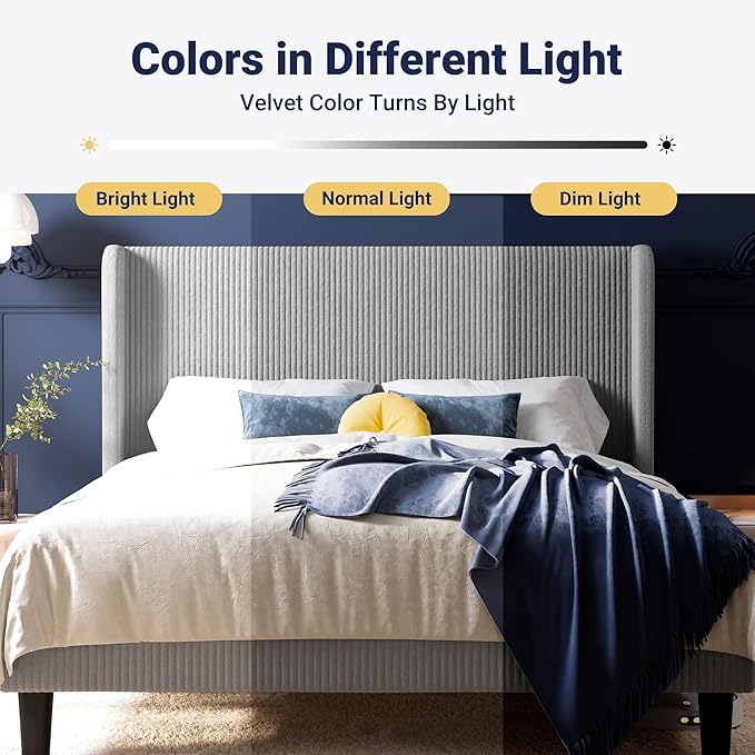 Allewie Full Size Bed Frame with Upholstered Wingback Headboard, Vertical Channel Tufted Corduroy Velvet Platform Bed, Strong Wooden Slats Support, No Box Spring Needed, Easy Assembly, Light Grey