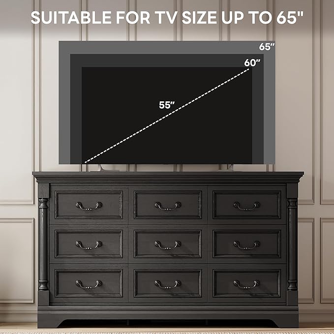 LIKIMIO Farmhouse Dresser for Bedroom with 9 Drawers, 58" Wide Wood Chest of Drawers with Roman Column, Dresser TV Stand for 65", Closet Storage Dressers Organizer for Bedroom, Living Room, Hallway