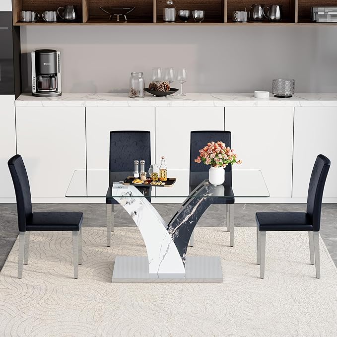Glass Dining Table Set for 4, 63” Kitchen Table Set for 4, Modern Dining Room Table Set with Upholstered Chairs, Tempered Glass Tabletop with Y Shape Base
