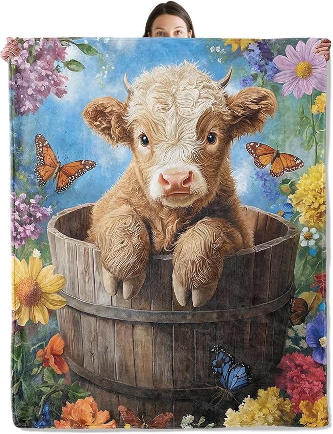 Cute Highland Cow in Barrel Blanket, Cozy Flannel Calf and Flowers Throw Blanket for Couch Outdoor, Plush Soft Lightweight Travel Blankets for Bed Decor and Gifts, for Women Adults Kids 50"x60"