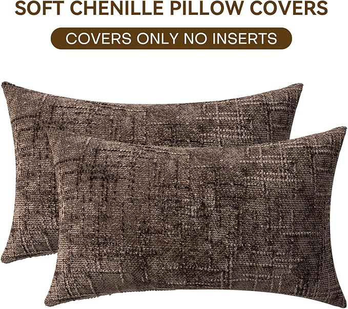 Decorative Throw Pillow Covers 12x20 Inch Set of 2, Soft Solid Farmhouse Chenille Couch Pillows, Spring Pillow Covers for Couch Sofa Bed Living Room Home Decor Pillowcase, Brown