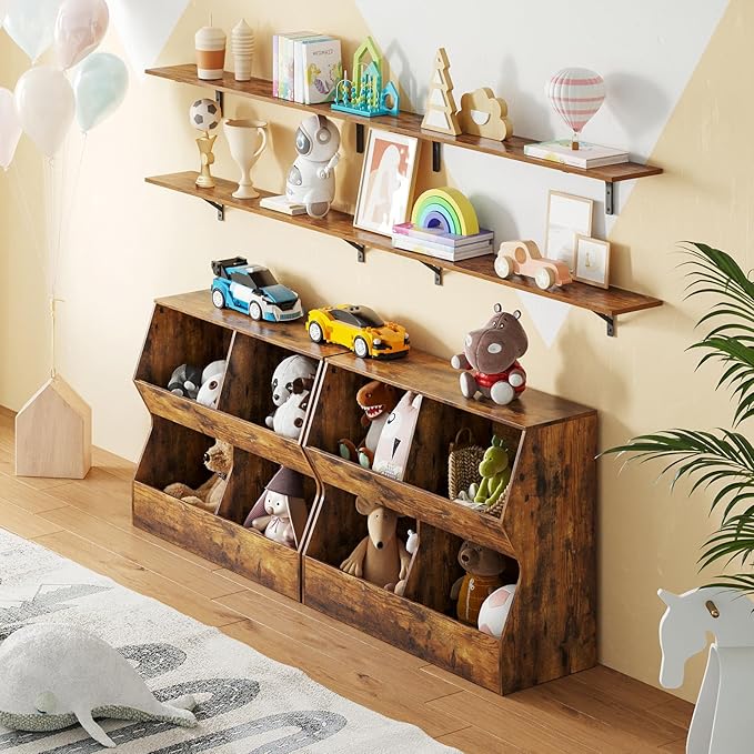 DINZI LVJ Kids Bookshelf, Toy Storage Organizer, Wooden Toy Storage Cabinet, 4 Cubby Children Bookcase, 35.4" L Toddler Book Shelf for Bedroom, Nursery, Hallway, School, Rustic Brown